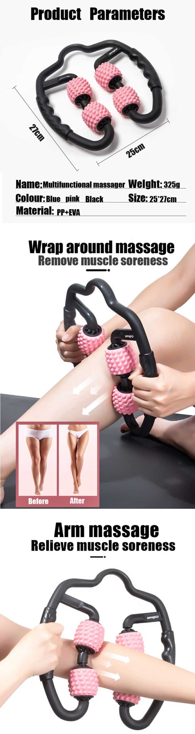 U Shape Trigger Point Massage Roller for Arm Leg Neck Muscle Tissue for Fitness Gym Yoga Pilates Sports 4 Wheel