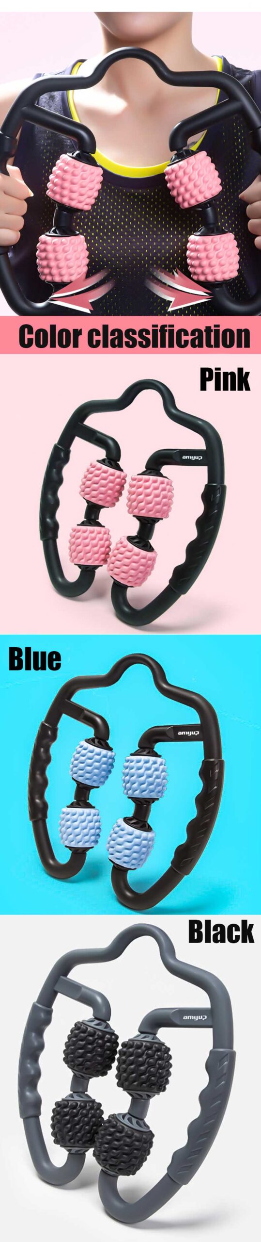 U Shape Trigger Point Massage Roller for Arm Leg Neck Muscle Tissue for Fitness Gym Yoga Pilates Sports 4 Wheel