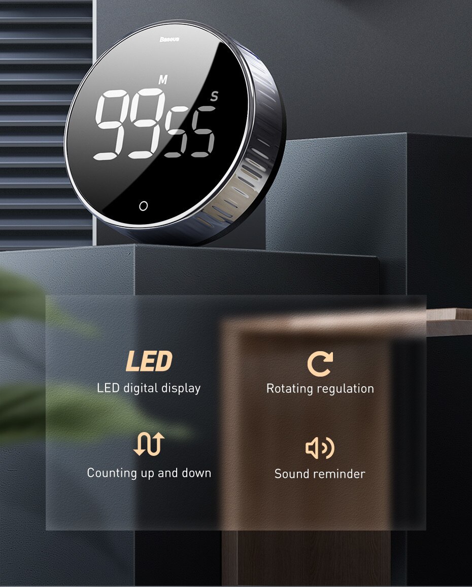 Baseus LED Digital Kitchen Timer For Cooking Shower Study Stopwatch Alarm Clock Magnetic Electronic Cooking Countdown Time Timer