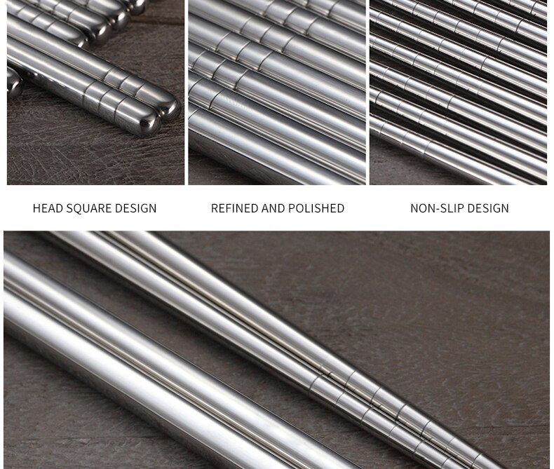 VandHome 5 Pairs/Set Chinese Metal Chopsticks Non-slip Stainless Steel Chop Sticks Set Reusable Food Sticks Sushi Hashi Baguette