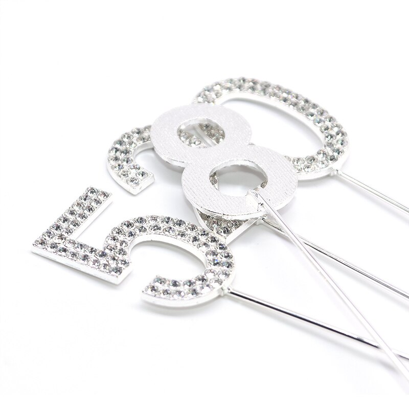 1Pc Glitter Alloy Rhinestone Number Cake Toppers Baby Shower Birthday Decoration Wedding Gold Silver Digital Cakes Dessert Decor