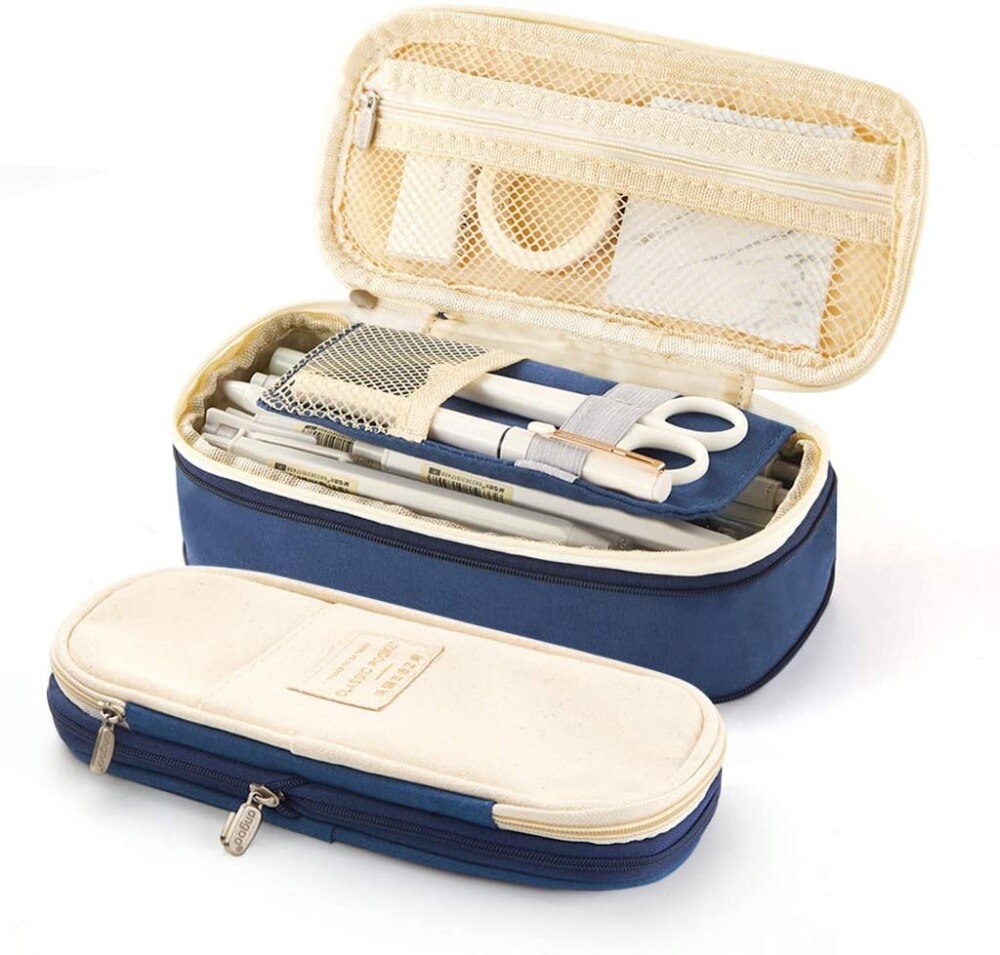 Angoo [C-Block] Classic Pocket Pen Pencil Case, Fold Canvas Stationery Storage Bag Organizer for Cosmetic Travel Student A6449