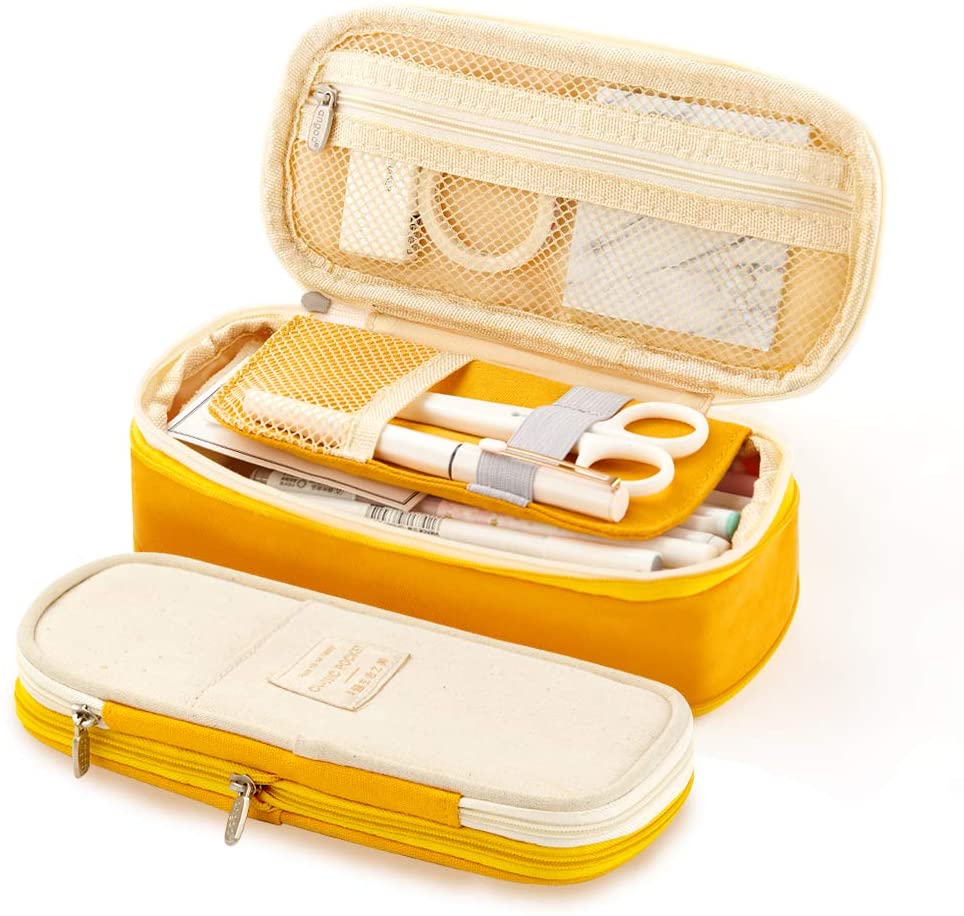 Angoo [C-Block] Classic Pocket Pen Pencil Case, Fold Canvas Stationery Storage Bag Organizer for Cosmetic Travel Student A6449