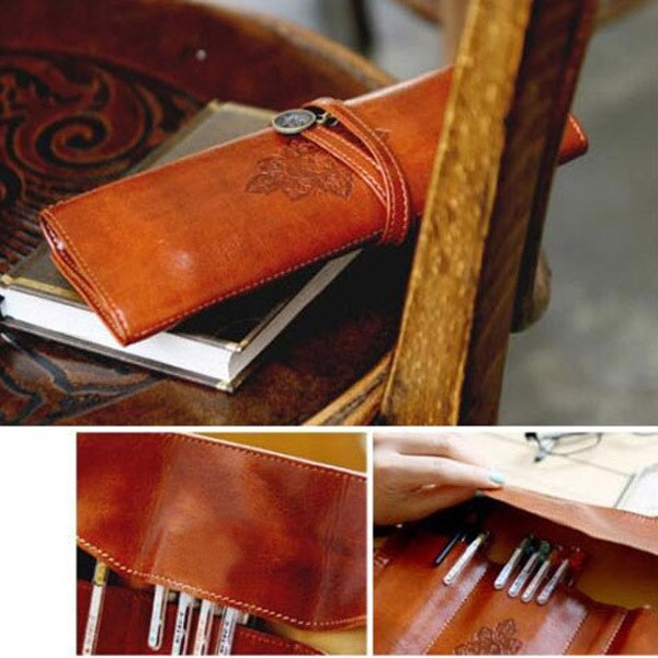 New Style Roll PU Leather Purse Pouch Makeup Pem Pencil Case Cosmetic Bag Retro
