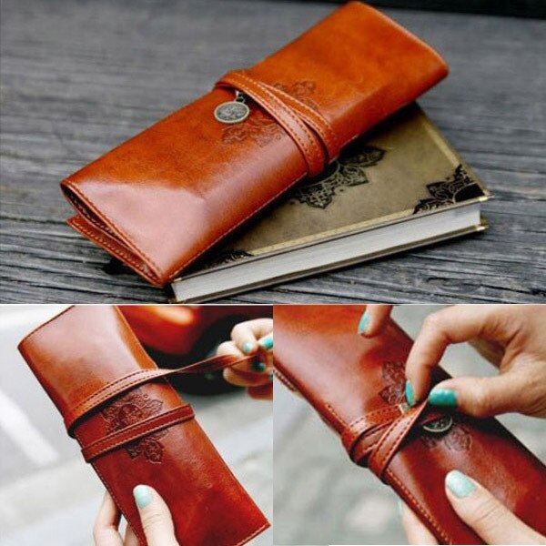 New Style Roll PU Leather Purse Pouch Makeup Pem Pencil Case Cosmetic Bag Retro